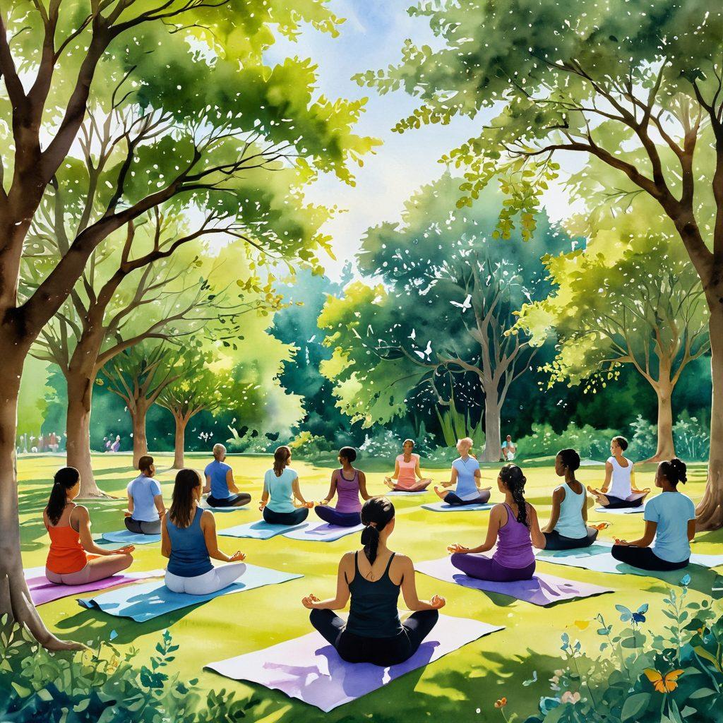 A serene landscape depicting a supportive community gathering in a lush green park, surrounded by symbols of hope like ribbons and butterflies. In the foreground, a diverse group of individuals, engaged in activities like yoga and meditation, embody strength and resilience. Soft sunlight bathes the scene, creating an uplifting atmosphere of healing and empowerment. watercolor painting. vibrant colors. soft-focus background.