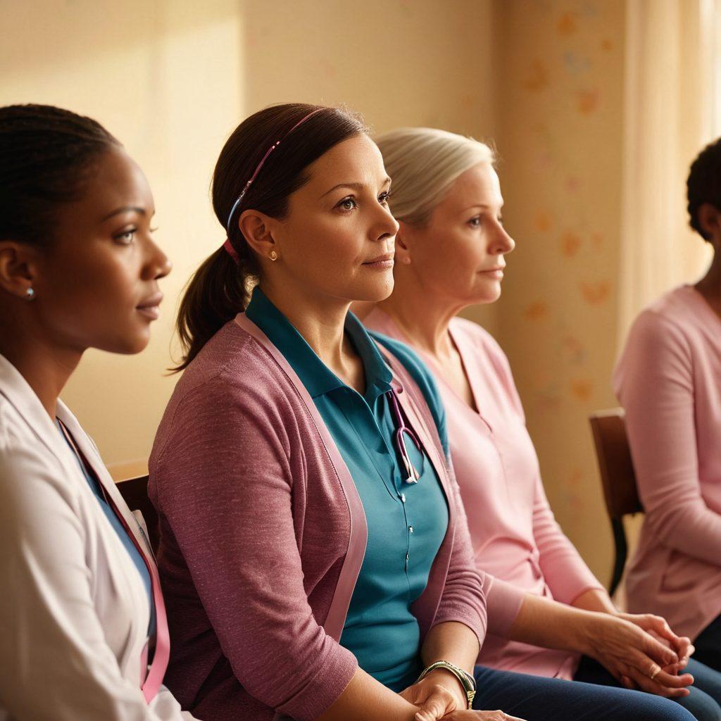 A serene scene showing diverse cancer patients in a support group setting, with a compassionate healthcare professional guiding them. There's a soft, warm light illuminating their faces, symbolizing hope and empowerment. Include elements like colorful awareness ribbons, supportive pamphlets, and a comforting atmosphere promoting unity and strength. super-realistic. vibrant colors. soft lighting.