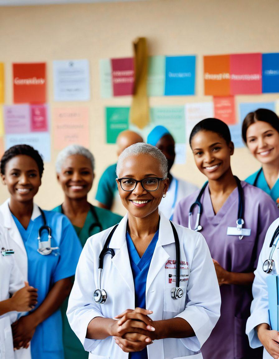 A compassionate oncologist holding hands with a diverse group of patients, surrounded by educational materials and advocacy symbols like ribbons and community brochures. The backdrop features a serene hospital setting with warm lighting, emphasizing support and hope. Illustrate a digital display of educational charts on cancer awareness. super-realistic. vibrant colors. soft focus.